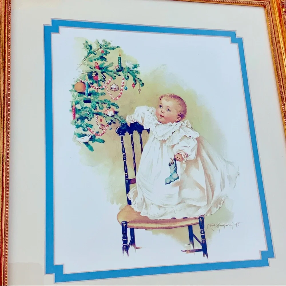 Vintage Maud Humphrey Baby’s first Christmas framed print tree gold frame